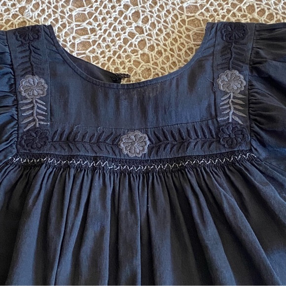 Linen Short Sleeve Peasant Dark Blue Top Embroidered Flowers Size Large - Picture 9 of 17